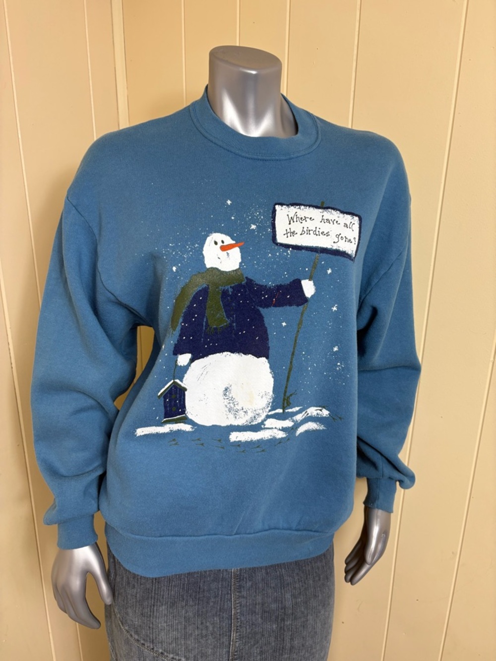 Vintage Y2K Jerzees Grandma Core Christmas Snowman Sweatshirt Womens Large Blue